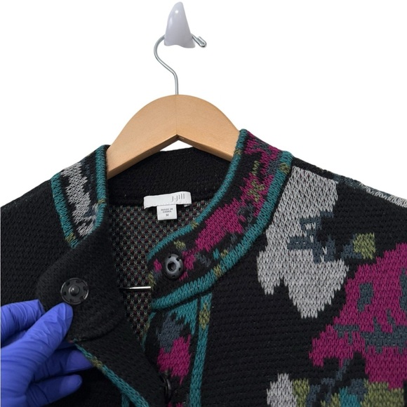 J. Jill Black Floral Jacquard Long Sweater Duster Coat Cardigan Medium - Picture 6 of 16